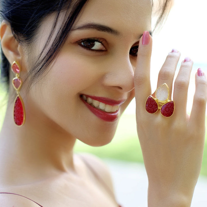 Red & White Stone Gold-Plated Brass Statement Ring | SHOBITAM