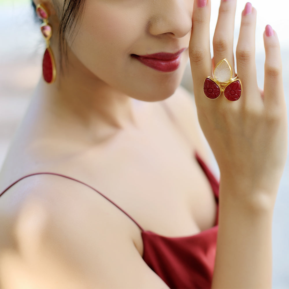 Red & White Stone Gold-Plated Brass Statement Ring | SHOBITAM