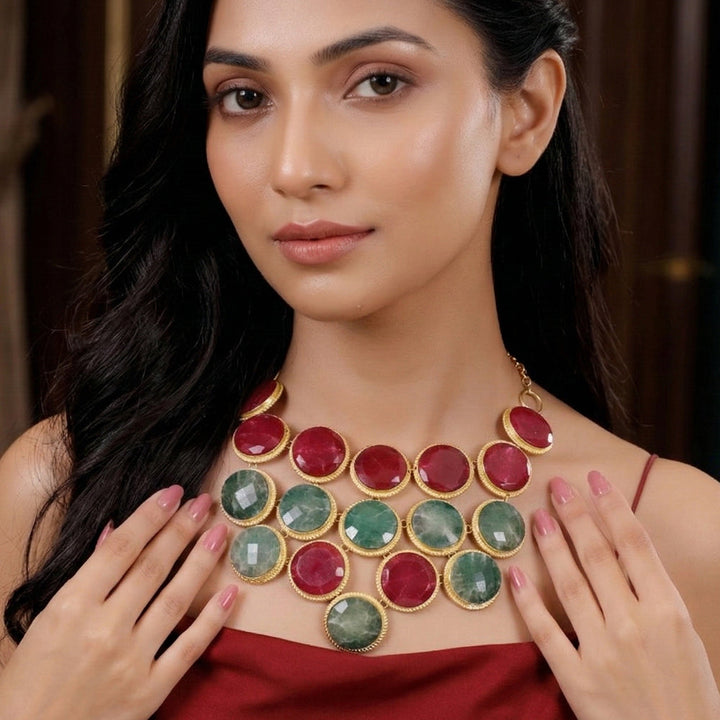 Emerald Radiance Gold-Plated Statement Necklace | SHOBITAM