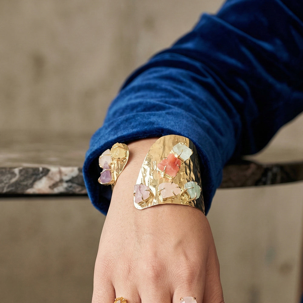 Gold Plated Brass Cuff Natural Stone Bracelet | SHOBITAM