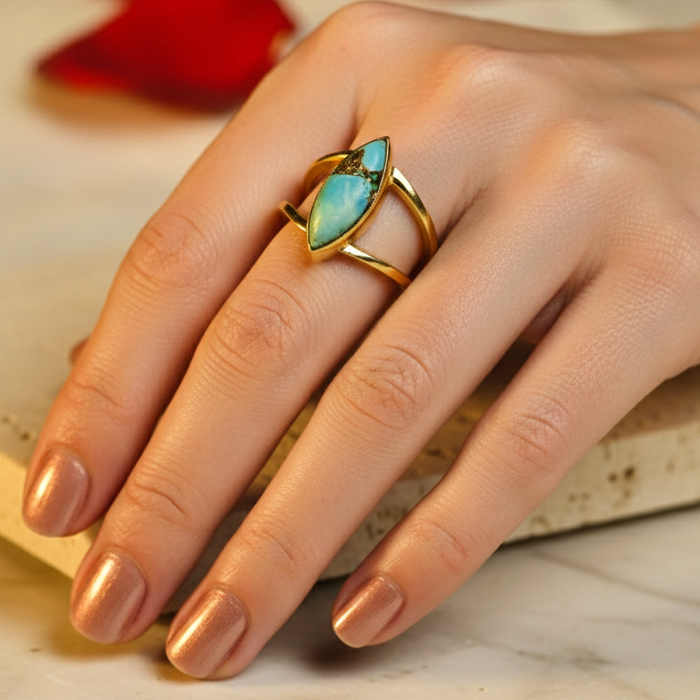 Gold Turquoise Stone Marquise Shape Ring | SHOBITAM