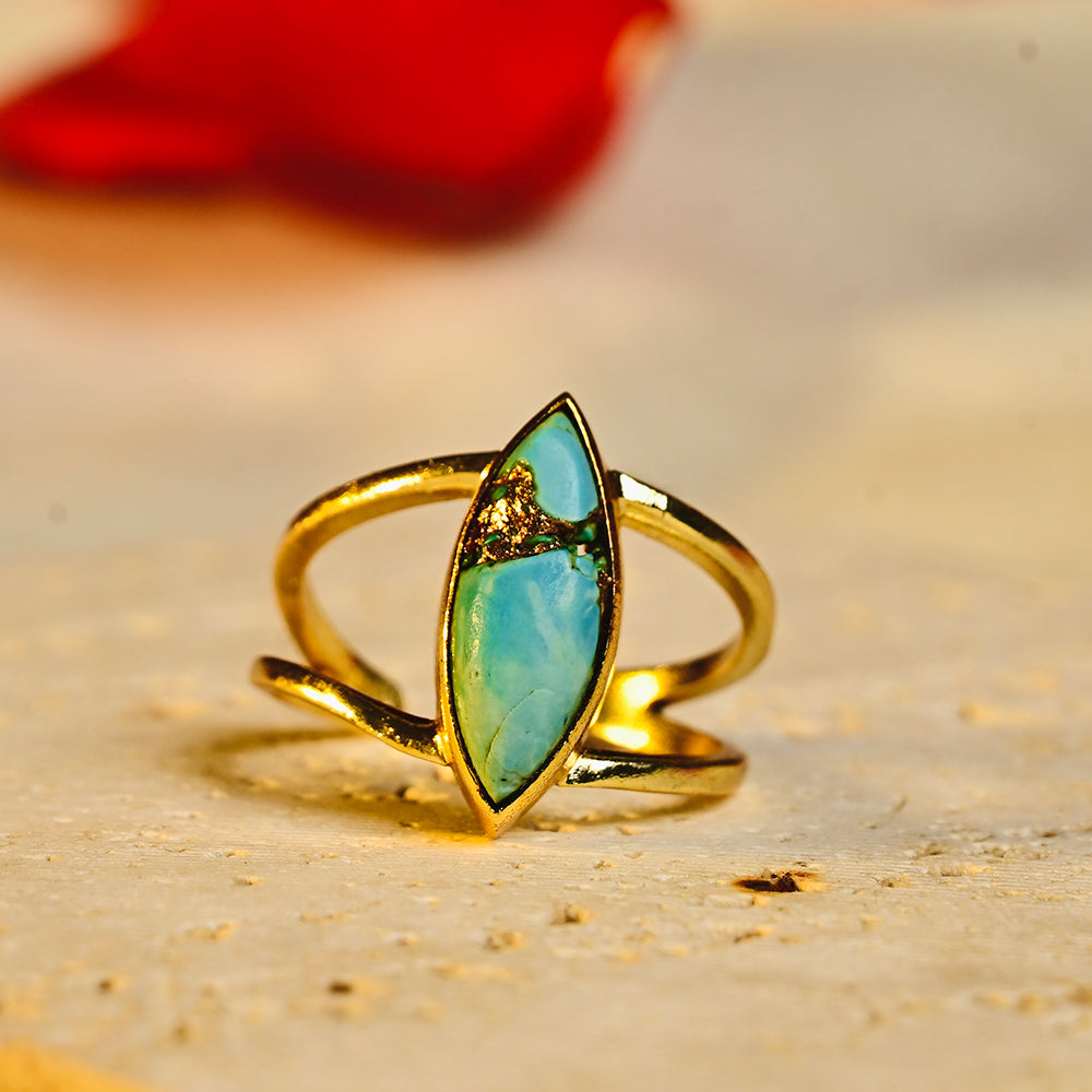 Gold Turquoise Stone Marquise Shape Ring | SHOBITAM
