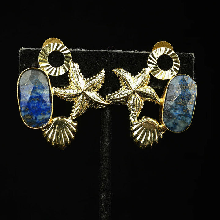 Gold-Toned Lapis Lazuli Starfish Statement Earrings  | SHOBITAM