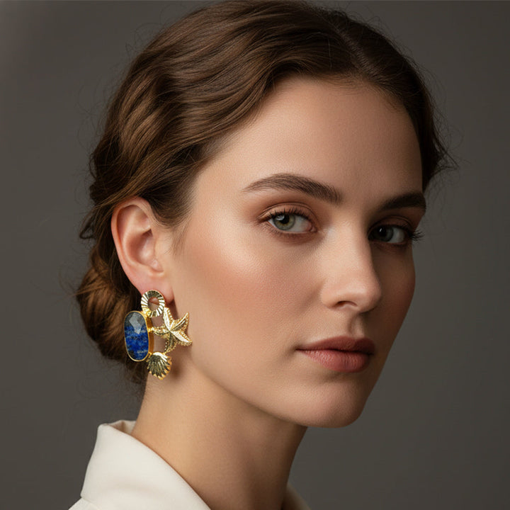 Gold-Toned Lapis Lazuli Starfish Statement Earrings  | SHOBITAM