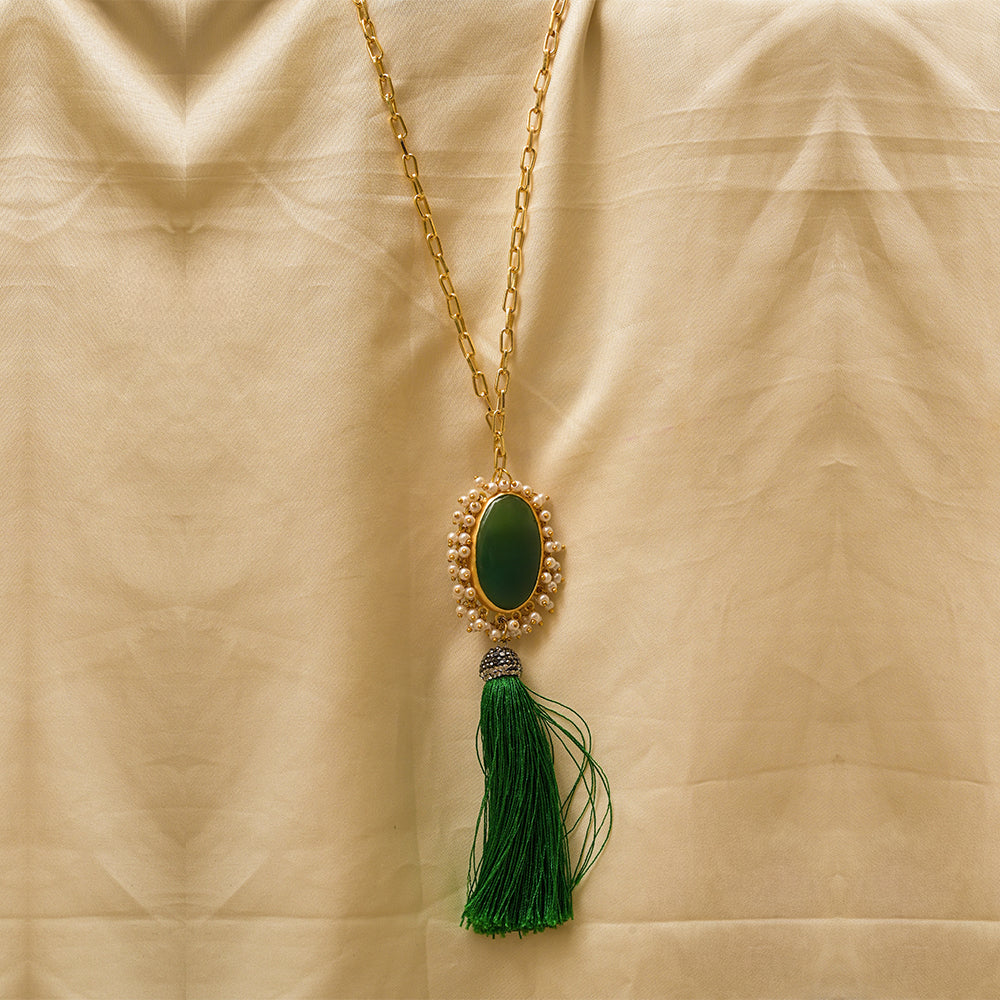 Emerald Glow Green Onyx Pearl Tassel Necklace | SHOBITAM