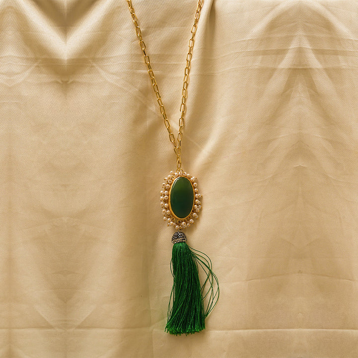 Emerald Glow Green Onyx Pearl Tassel Necklace | SHOBITAM