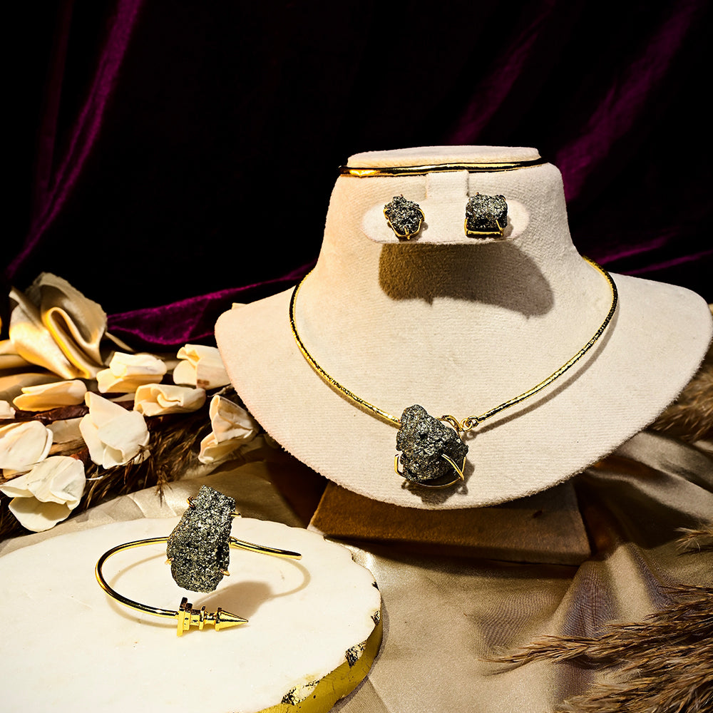 Raw Pyrite Statement Necklace Earrings Set | SHOBITAM