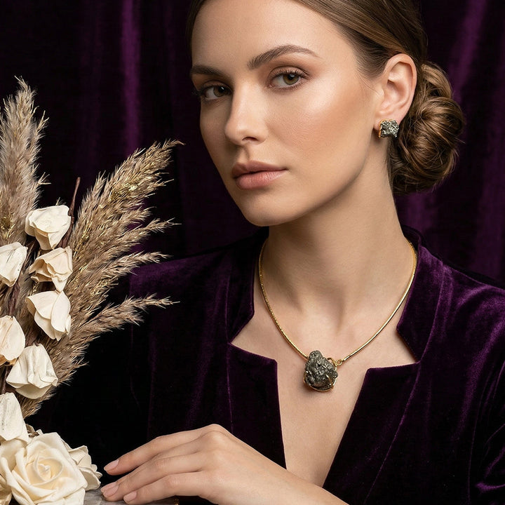 Raw Pyrite Statement Necklace Earrings Set | SHOBITAM