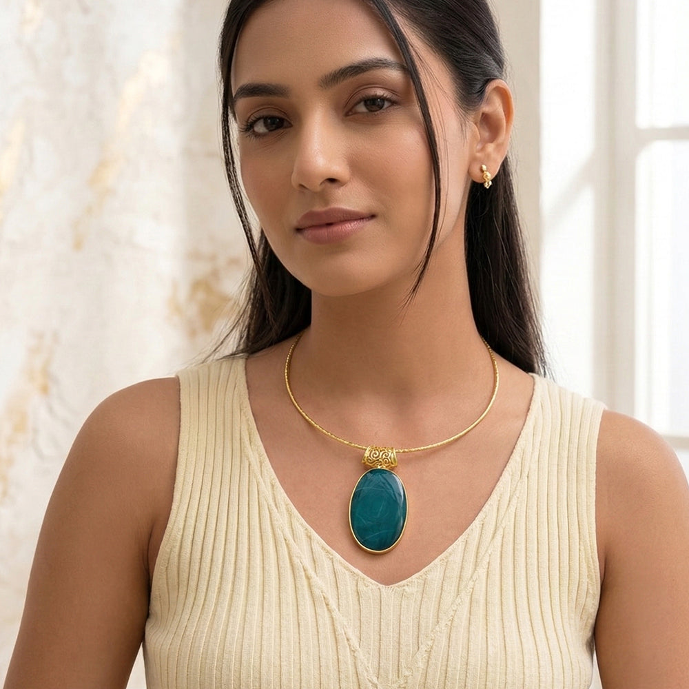 Green Lace Agate Gemstone Pendant Necklace | SHOBITAM