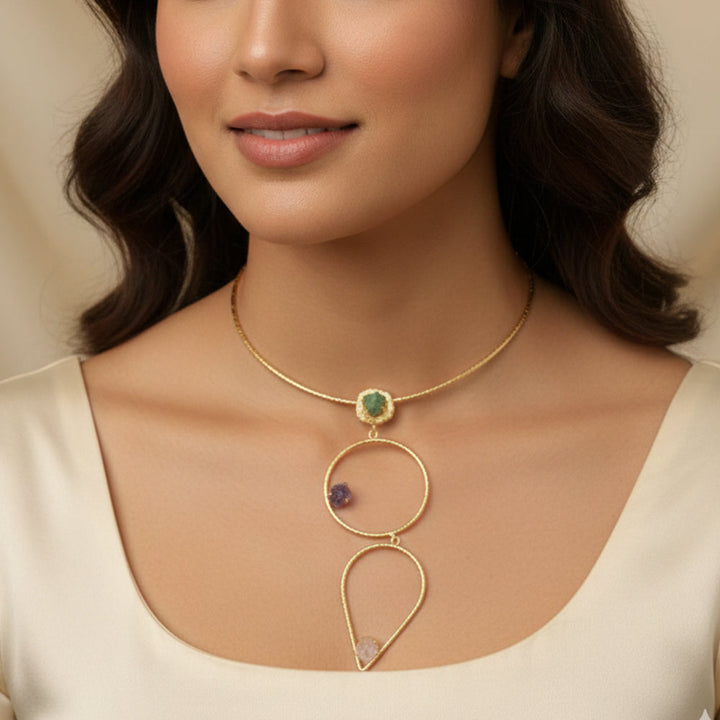 Gold Dangle Handcrafted 3 tier necklace | SHOBITAM