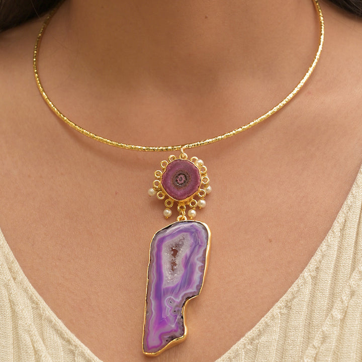 Pink & Purple Agate Stone Hasli Necklace | SHOBITAM