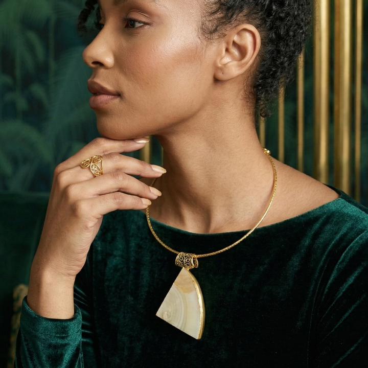 Elegant Mother of Pearl Statement Hasli Necklace | SHOBITAM