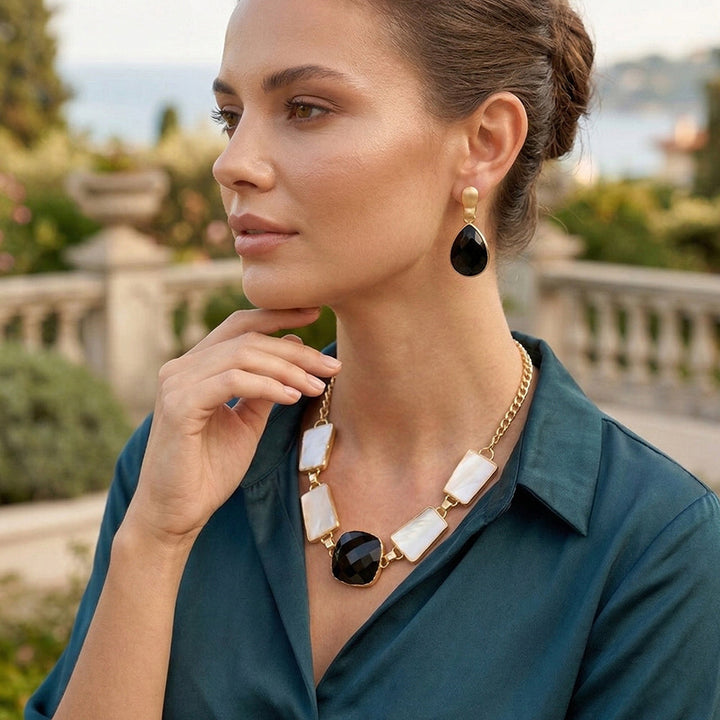 Black Onyx & MOP Gemstone Necklace Set | SHOBITAM