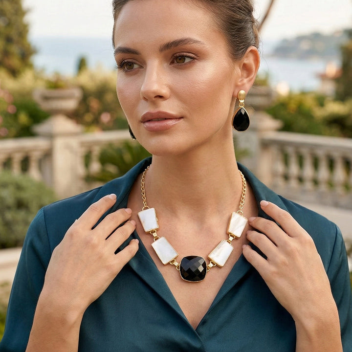Black Onyx & MOP Gemstone Necklace Set | SHOBITAM