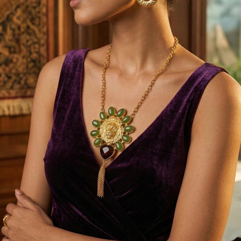 Regal Lion Green Heart Drop Stones Necklace | SHOBITAM
