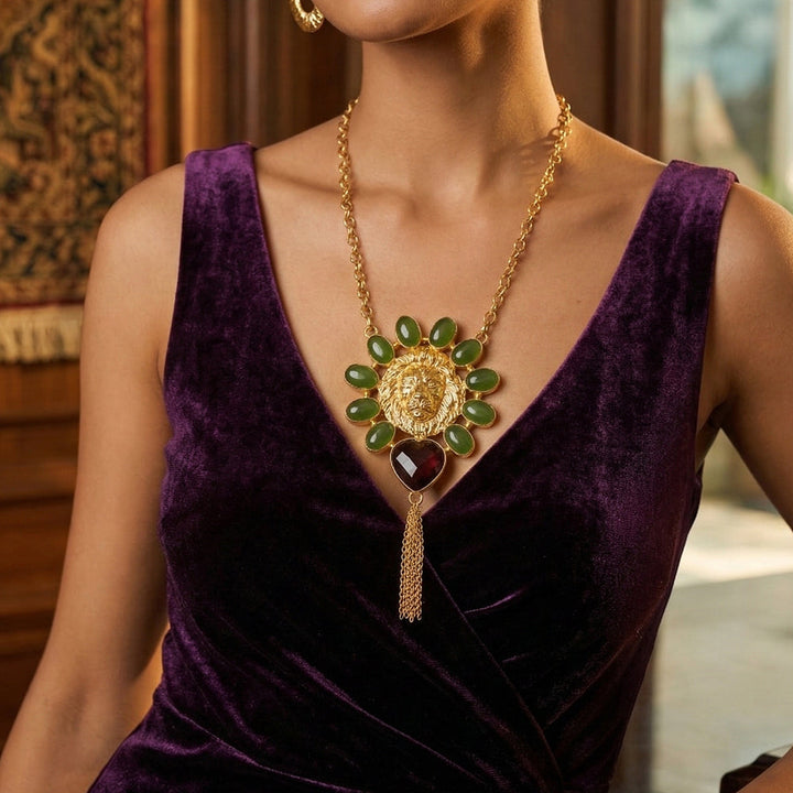 Regal Lion Green Heart Drop Stones Necklace | SHOBITAM