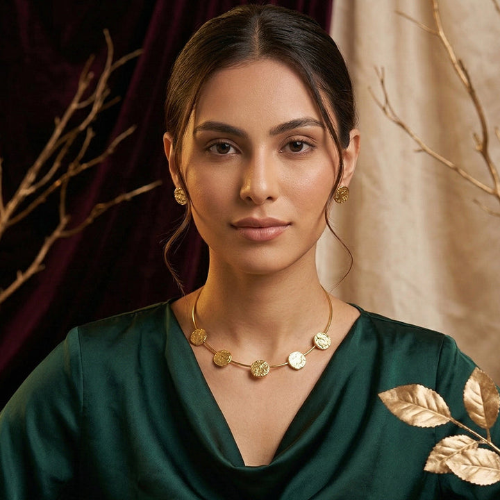 Minimalist Brass Hammered Necklace Earring Set | SHOBITAM