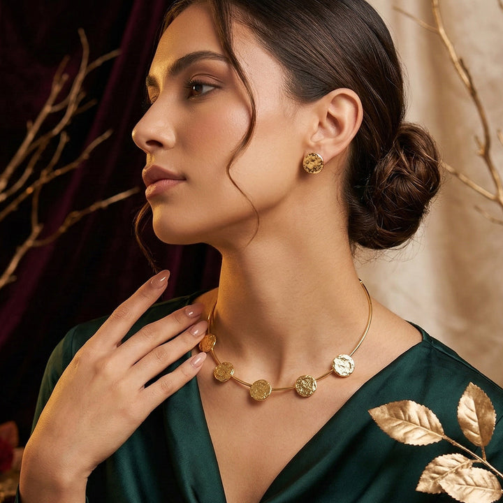 Minimalist Brass Hammered Necklace Earring Set | SHOBITAM