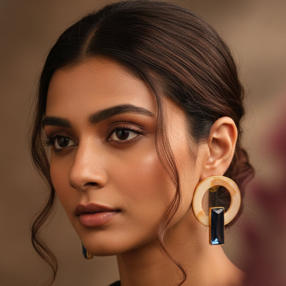 Circular MOP Earrings with Blue Monalisa Stone | SHOBITAM