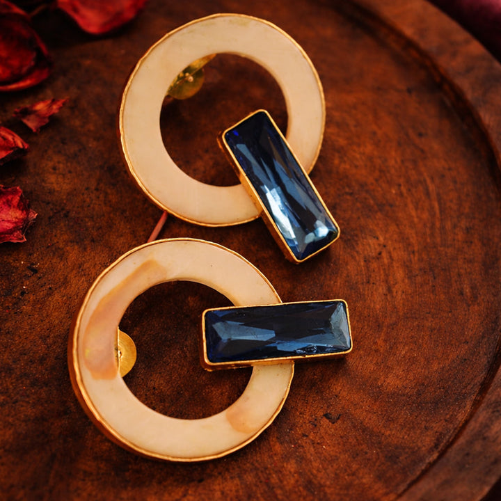 Circular MOP Earrings with Blue Monalisa Stone | SHOBITAM
