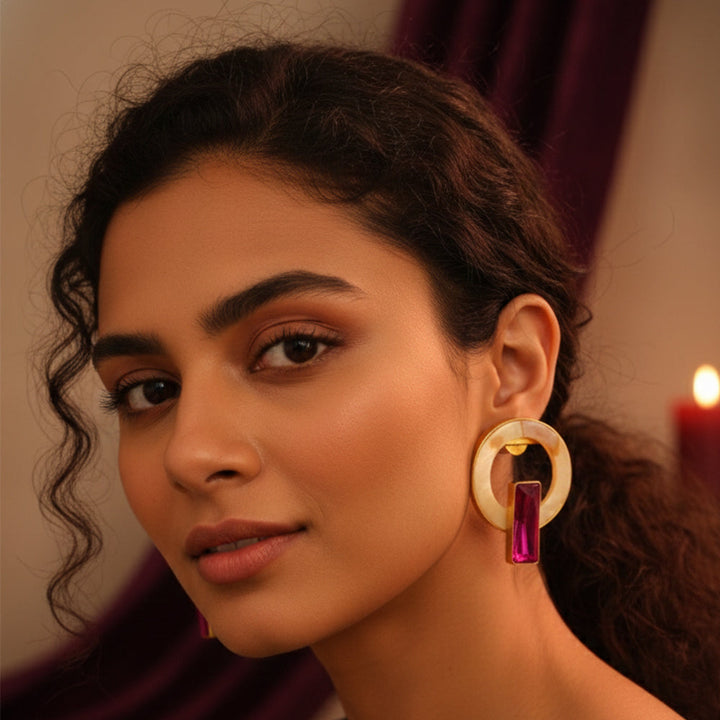 Gold Plated Circular MOP Earrings with Pink Stone  | SHOBITAM