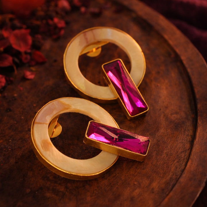 Gold Plated Circular MOP Earrings with Pink Stone  | SHOBITAM