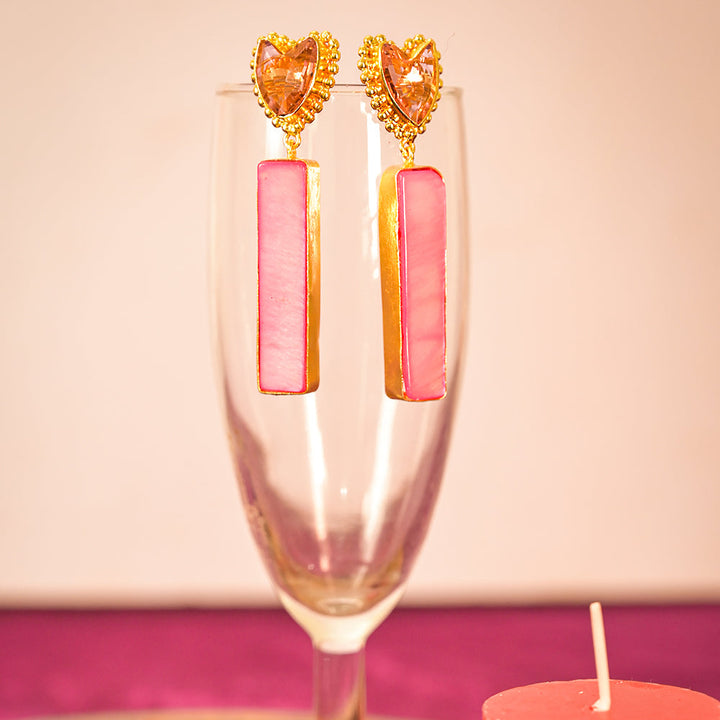 Golden Heart Drop Earrings with Pink MOP | SHOBITAM