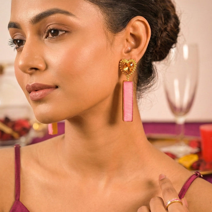 Golden Heart Drop Earrings with Pink MOP | SHOBITAM