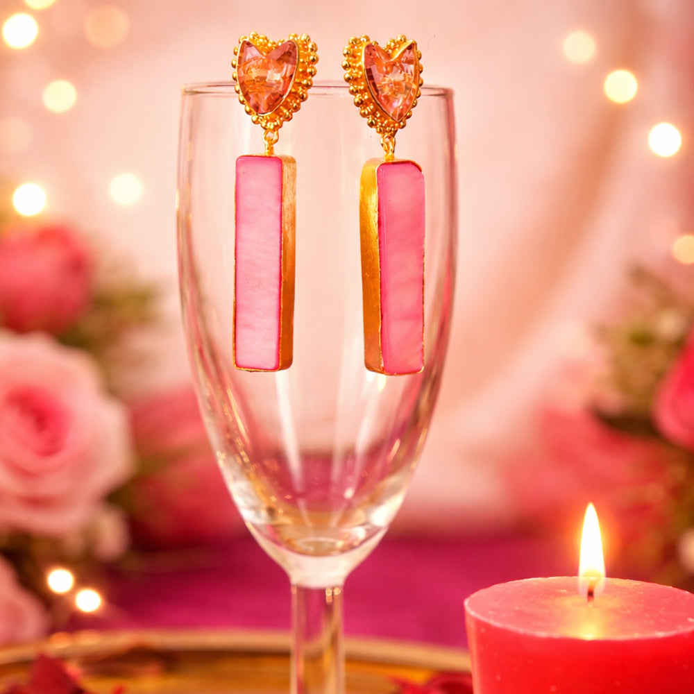 Golden Heart Drop Earrings with Pink MOP | SHOBITAM