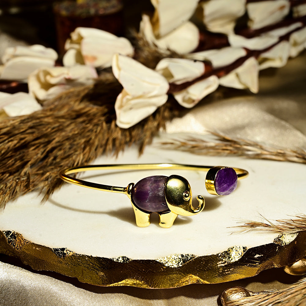 Gold Amethyst Stone Elephant Handcuff | SHOBITAM
