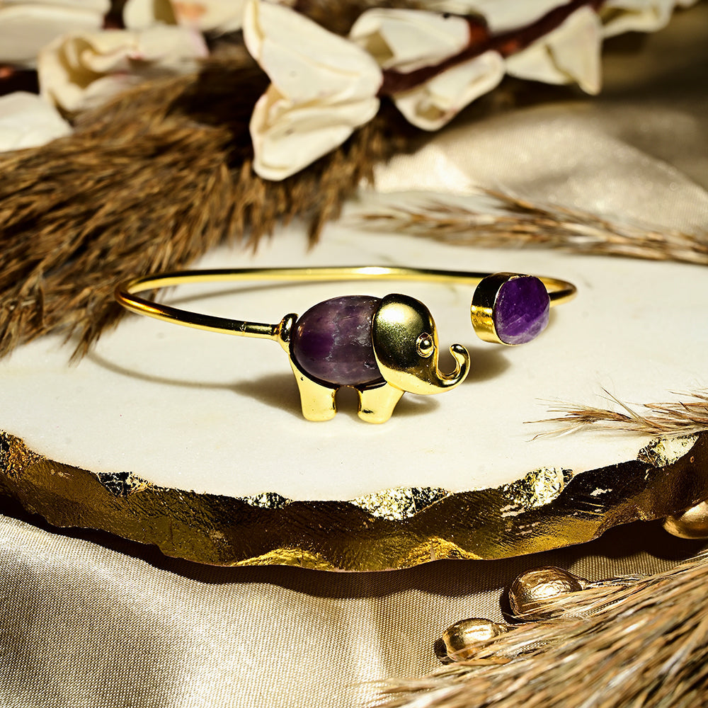Gold Amethyst Stone Elephant Handcuff | SHOBITAM