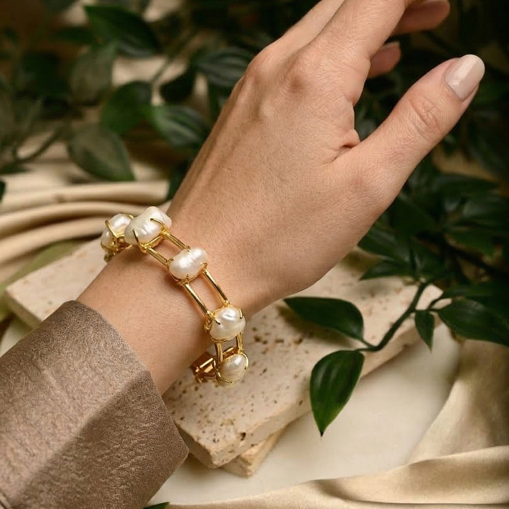 Baroque Pearl Gold Tone Handcuff Bracelet  | SHOBITAM