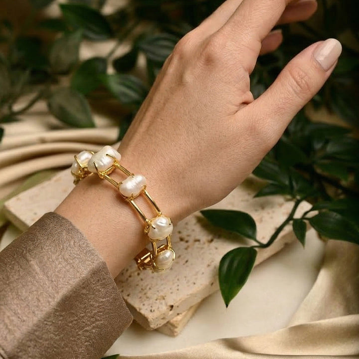 Baroque Pearl Gold Tone Handcuff Bracelet  | SHOBITAM