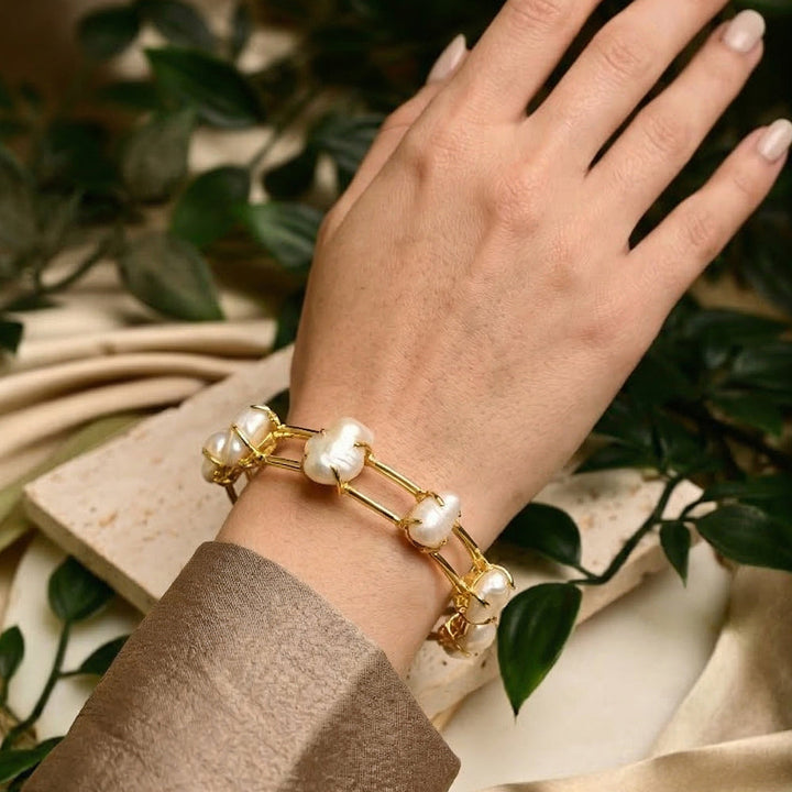 Baroque Pearl Gold Tone Handcuff Bracelet  | SHOBITAM