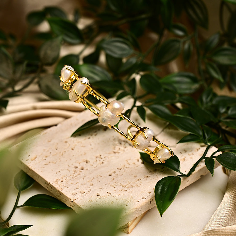 Baroque Pearl Gold Tone Handcuff Bracelet  | SHOBITAM