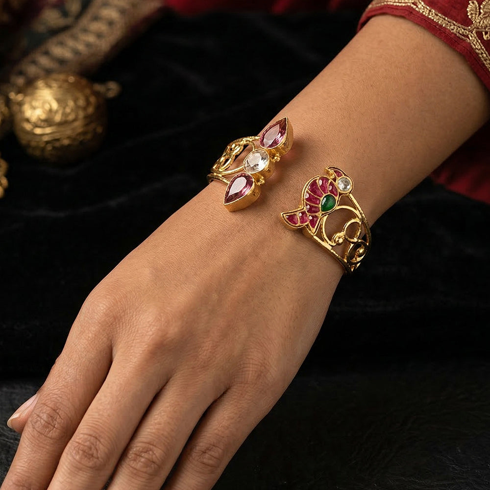 Panchi Kundan Gold-Toned Handcuff Bracelet | SHOBITAM