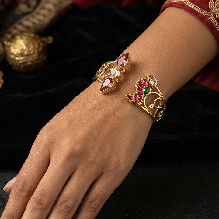 Panchi Kundan Gold-Toned Handcuff Bracelet | SHOBITAM