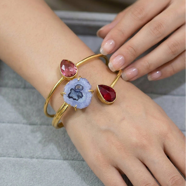 Royal Trio Blue Agate & Dual Ruby-Pink Stone Handcuff | SHOBITAM