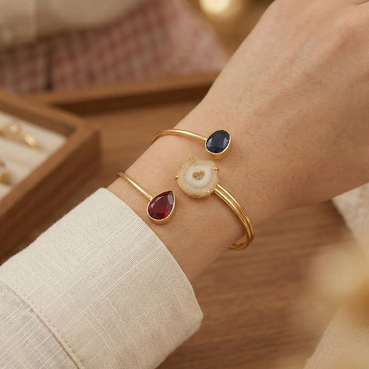 Celestial Trio Gold Finish Agate Handcuff Bracelet | SHOBITAM