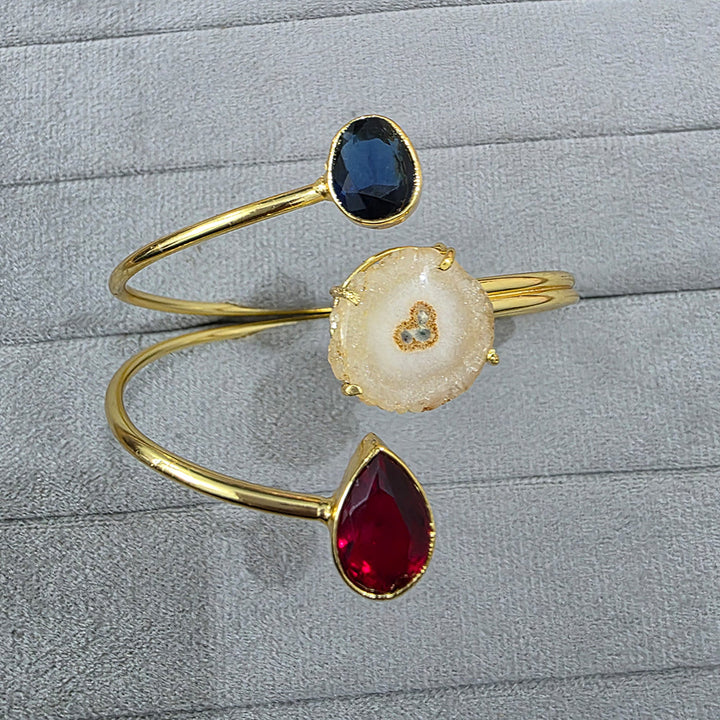 Celestial Trio Gold Finish Agate Handcuff Bracelet | SHOBITAM