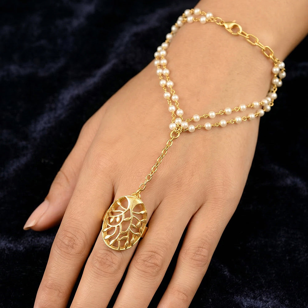 Pearl Golden Ring Bracelet Hathphool | SHOBITAM