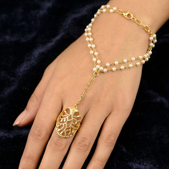 Pearl Golden Ring Bracelet Hathphool | SHOBITAM