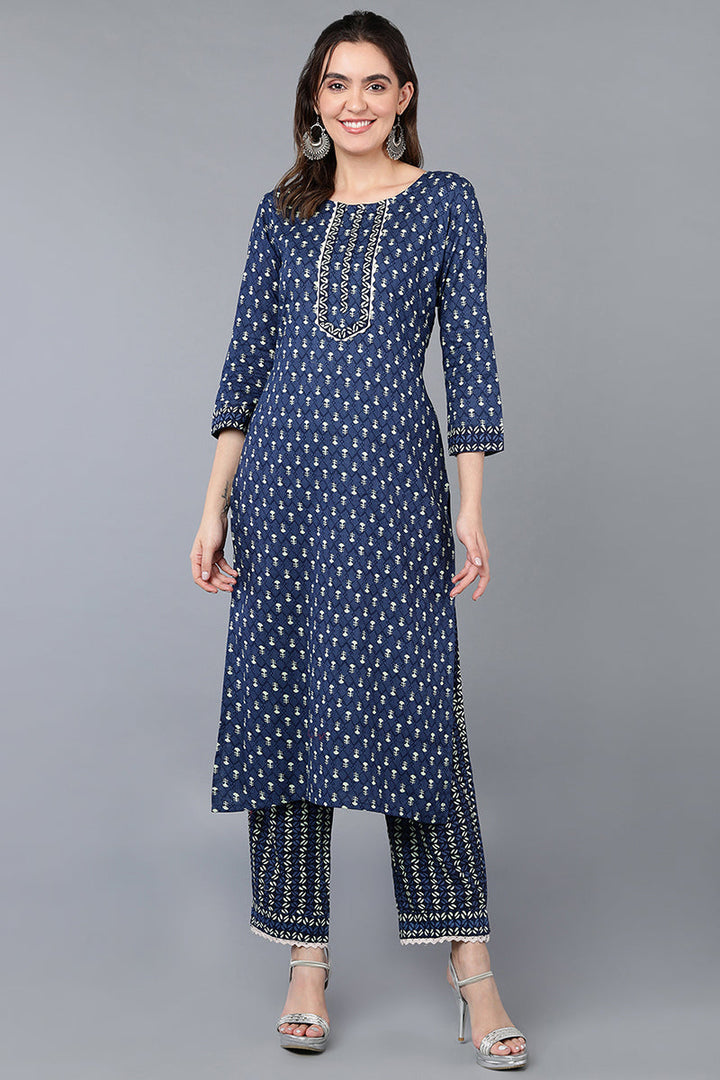 Navy Blue Cotton Straight Kurta Set | SHOBITAM