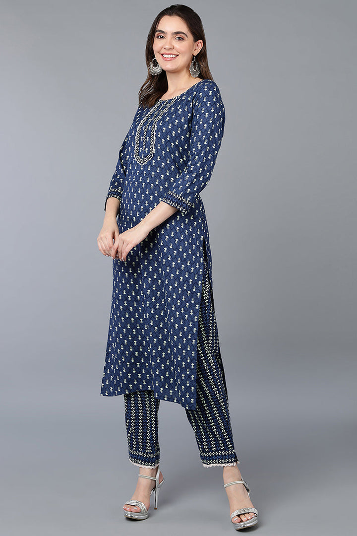 Navy Blue Cotton Straight Kurta Set | SHOBITAM