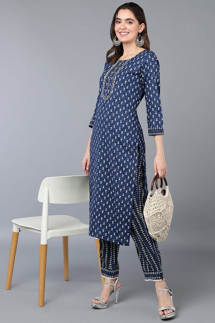 Navy Blue Cotton Straight Kurta Set | SHOBITAM