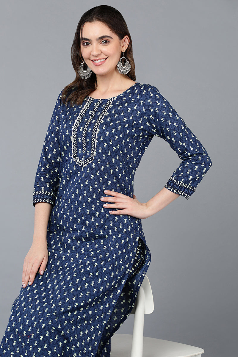 Navy Blue Cotton Straight Kurta Set | SHOBITAM