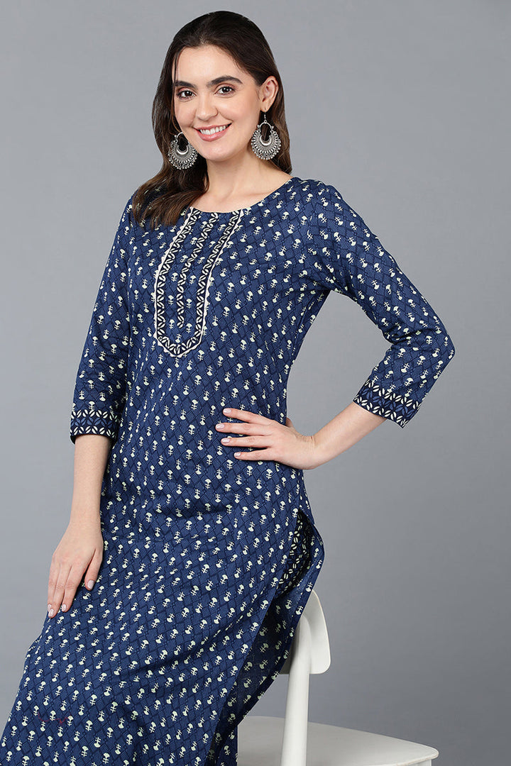 Navy Blue Cotton Straight Kurta Set | SHOBITAM