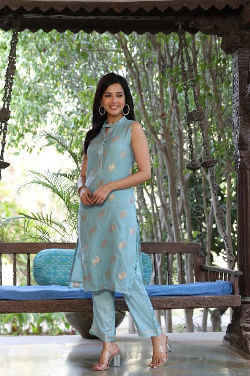 Blue Poly Chanderi Woven Kurta Set | SHOBITAM