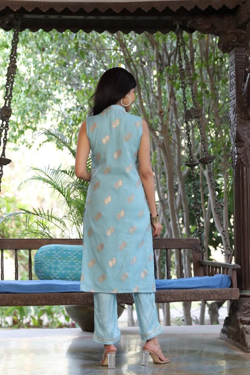 Blue Poly Chanderi Woven Kurta Set | SHOBITAM