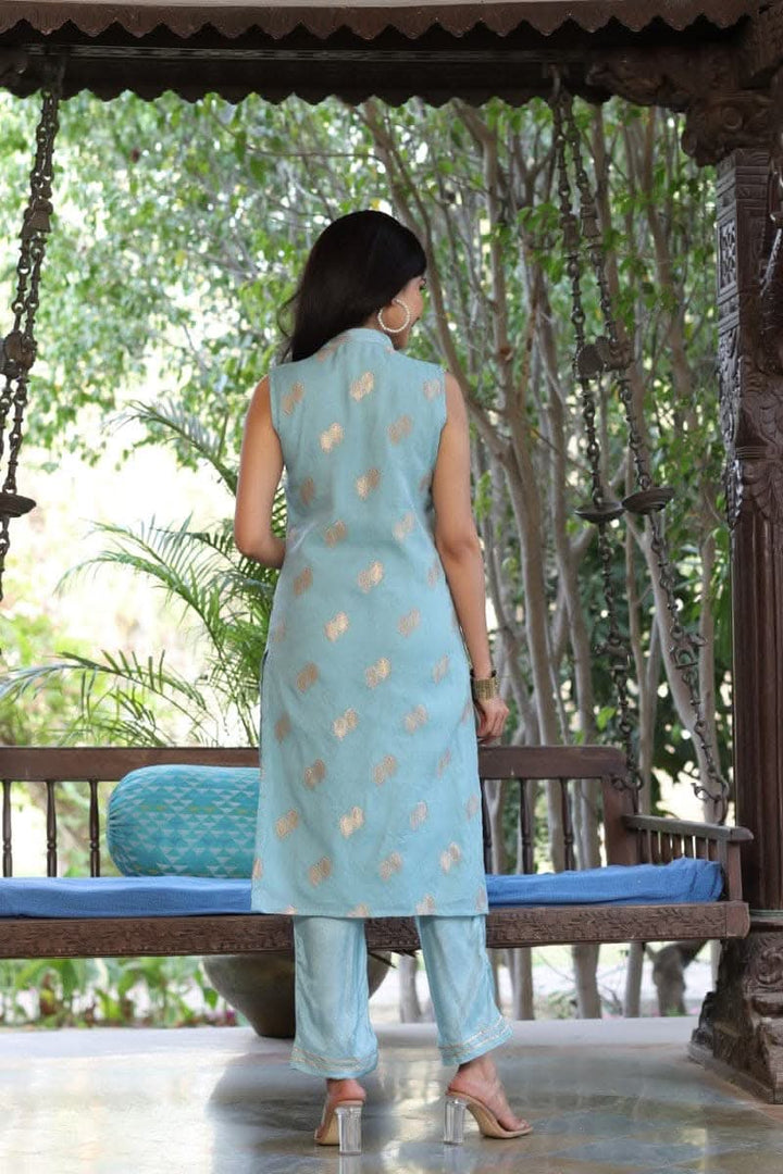 Blue Poly Chanderi Woven Kurta Set | SHOBITAM